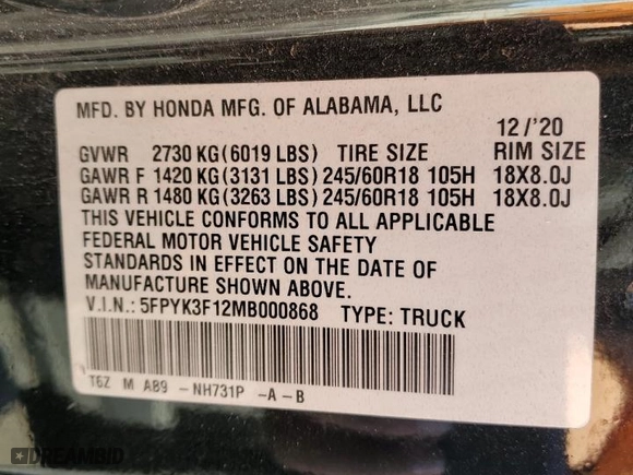2021 Honda Ridgeline Sport with VIN 5FPYK3F12MB000868, listed as a Copart auction lot 78795104 with 63,126 mi miles and Salvage Title. Bid and sale history available at carsss.com. Image 12.