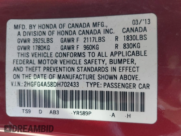 2013 Honda Civic Si with VIN 2HGFG4A58DH702433, listed as a IAAI auction lot 42646143 with 169,820 mi miles and . Bid and sale history available at DreamBid. Image 9.
