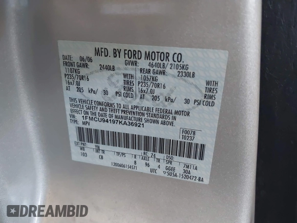 2007 Ford Escape Limited с VIN 1FMCU94197KA36921, выставлен на аукционе IAAI как лот 40426720 с пробегом 177 909 миль миль и . История ставок и продаж доступна на DreamBid. Изображение 9.