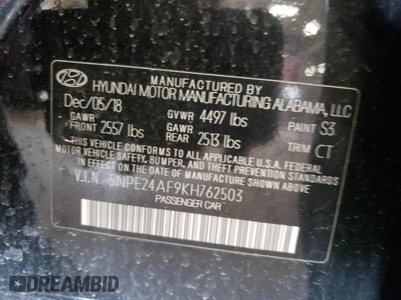 2019 Hyundai Sonata SE with VIN 5NPE24AF9KH762503, listed as a Copart auction lot 53690485 with 76,278 mi miles and Salvage Title. Bid and sale history available at carsss.com. Image 12.