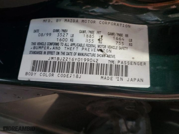 2000 Mazda Protege ES with VIN JM1BJ2216Y0199042, listed as a Copart auction lot 52282505 with 177,868 mi miles and Salvage Title. Bid and sale history available at carsss.com. Image 12.