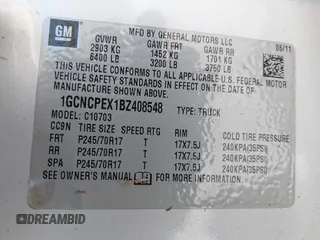 2011 Chevrolet Silverado 1500 Work Truck with VIN 1GCNCPEX1BZ408548, listed as a IAAI auction lot 41333397 with Not Provided miles and . Bid and sale history available at DreamBid. Image 9.