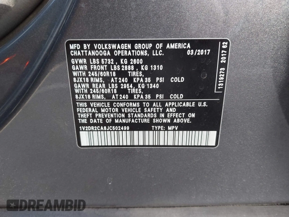 2018 Volkswagen Atlas SE with VIN 1V2DR2CA8JC502499, listed as a IAAI auction lot 41562852 with 142,362 mi miles and . Bid and sale history available at DreamBid. Image 9.