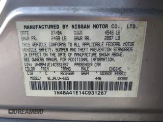 2004 Nissan Maxima SL with VIN 1N4BA41E14C931267, listed as a IAAI auction lot 41911875 with 129,161 mi miles. Bid and sale history available at carsss.com. Image 9.