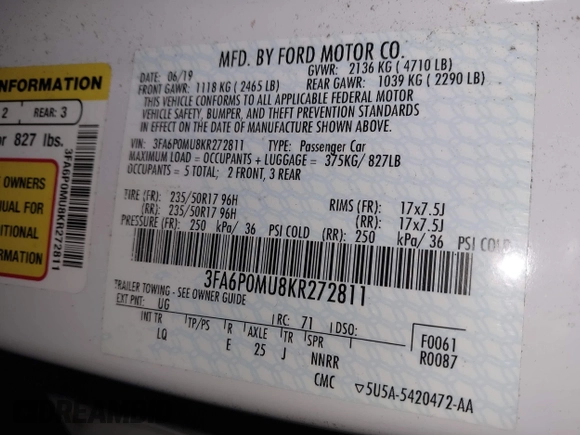 2019 Ford Fusion Hybrid SEL with VIN 3FA6P0MU8KR272811, listed as a IAAI auction lot 41705282 with 56,565 mi miles. Bid and sale history available at carsss.com. Image 9.