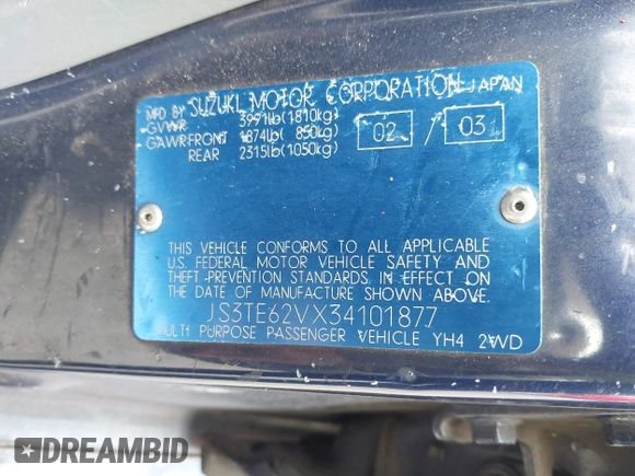 2003 Suzuki Grand Vitara z VIN JS3TE62VX34101877, wystawiony jako IAAI lot #42360315 z przebiegiem 171 207 mil mil oraz . Historia ofert i sprzedaży dostępna na DreamBid. Obrazek 9.