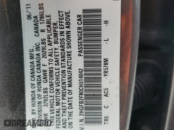 2012 Honda Civic EX with VIN 2HGFB2F80CH514042, listed as a Copart auction lot 54884795 with Not Provided miles and Clean Title. Bid and sale history available at DreamBid. Image 12.