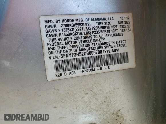 2013 Honda Pilot EX-L z VIN 5FNYF3H52DB009700, wystawiony jako Copart lot #51880085 z przebiegiem 149 073 mil mil oraz Szkoda całkowita • Salvage title. Historia ofert i sprzedaży dostępna na DreamBid. Obrazek 12.