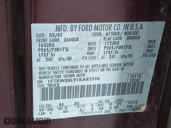 2001 Ford F-150 XLT with VIN 1FTRW08L91KA85396, listed as a IAAI auction lot 42525105 with 123,360 mi miles and . Bid and sale history available at DreamBid. Image 9.