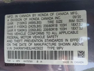 2020 Honda CR-V EX-L with VIN 2HKRW1H83LH423622, listed as a IAAI auction lot 41985902 with 1 mi miles. Bid and sale history available at carsss.com. Image 9.