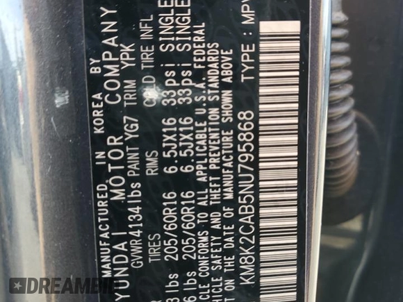 2022 Hyundai Kona SE with VIN KM8K2CAB5NU795868, listed as a Copart auction lot 48125285 with 47,840 mi miles and Salvage Title. Bid and sale history available at carsss.com. Image 14.