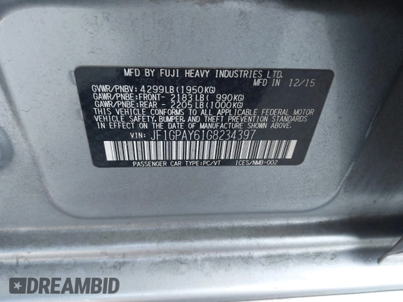 2016 Subaru Impreza Special Sports Limited с VIN JF1GPAY61G8234397, выставлен на аукционе IAAI как лот 42462642 с пробегом 83 257 миль миль и . История ставок и продаж доступна на DreamBid. Изображение 9.