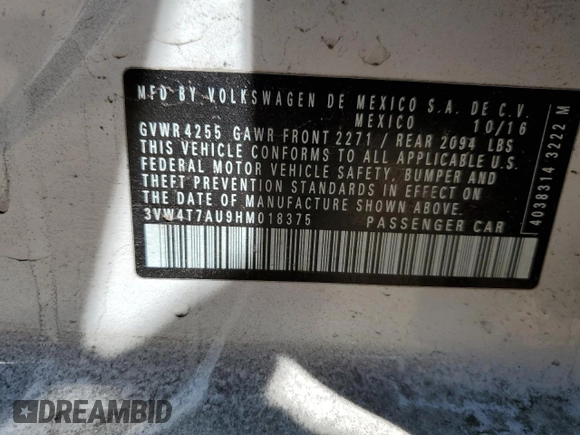 2017 Volkswagen GTI S z VIN 3VW4T7AU9HM018375, wystawiony jako Copart lot #55064875 z przebiegiem 70 344 mil mil oraz Szkoda całkowita • Salvage title. Historia ofert i sprzedaży dostępna na DreamBid. Obrazek 12.