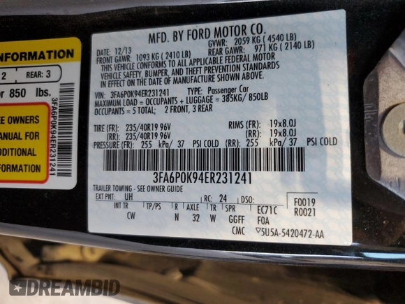 2014 Ford Fusion Titanium with VIN 3FA6P0K94ER231241, listed as a Copart auction lot 47886135 with 70,925 mi miles and Salvage Title. Bid and sale history available at DreamBid. Image 12.