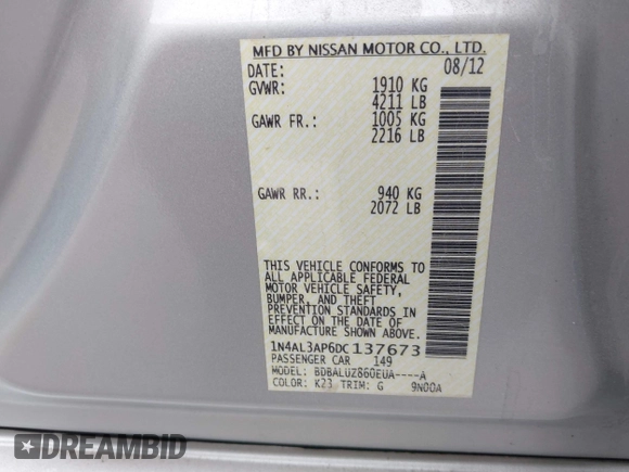 2013 Nissan Altima SV with VIN 1N4AL3AP6DC137673, listed as a IAAI auction lot 42198910 with 193,000 mi miles and . Bid and sale history available at DreamBid. Image 9.