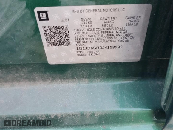 2018 Chevrolet Sonic LT with VIN 1G1JD6SB3J4108092, listed as a Copart auction lot 42519055 with Not provided miles and Non repairable. Bid and sale history available at DreamBid. Image 13.