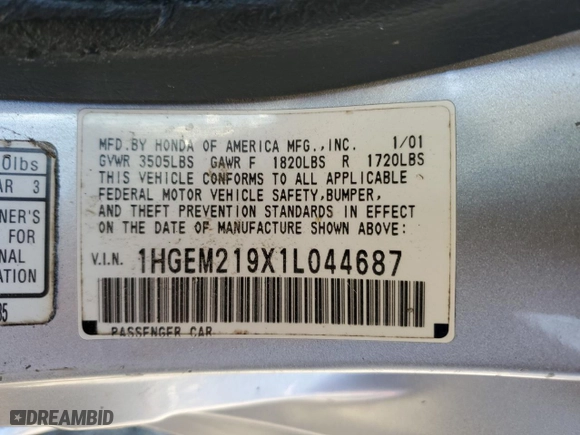 2001 Honda Civic EX with VIN 1HGEM219X1L044687, listed as a Copart auction lot 87252774 with 302,882 mi miles and Salvage Title. Bid and sale history available at carsss.com. Image 12.