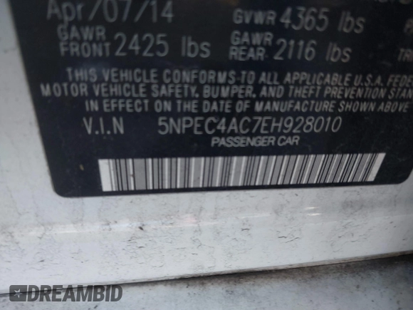 2014 Hyundai Sonata SE with VIN 5NPEC4AC7EH928010, listed as a IAAI auction lot 41618074 with 92,403 mi miles and . Bid and sale history available at DreamBid. Image 9.