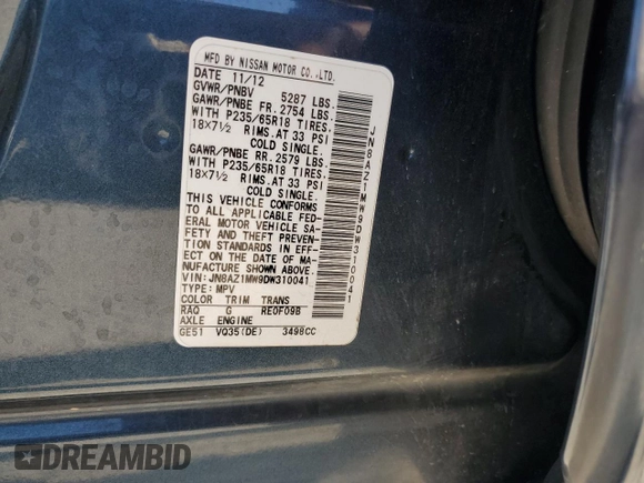 2013 Nissan Murano SV with VIN JN8AZ1MW9DW310041, listed as a Copart auction lot 65663454 with 204,971 mi miles and Salvage Title. Bid and sale history available at carsss.com. Image 15.