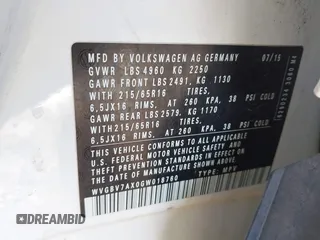 2016 Volkswagen Tiguan SE with VIN WVGBV7AX0GW018760, listed as a IAAI auction lot 41733586 with 60,743 mi miles and . Bid and sale history available at DreamBid. Image 9.
