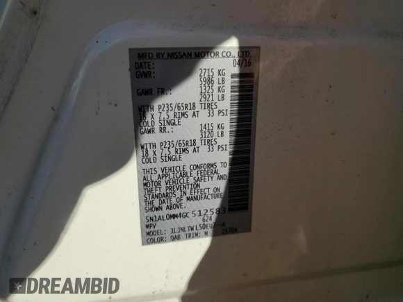 2016 Infiniti QX60 with VIN 5N1AL0MM4GC512583, listed as a Copart auction lot 85590684 with 148,034 mi miles and Salvage Title. Bid and sale history available at DreamBid. Image 13.