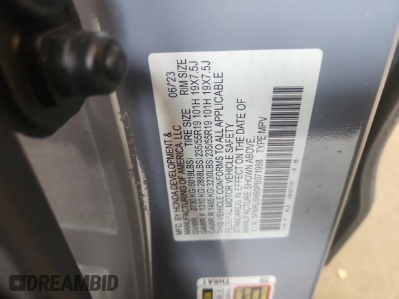 2023 Honda Odyssey Elite with VIN 5FNRL6H90PB071988, listed as a Copart auction lot 58589585 with 12,998 mi miles and Salvage title. Bid and sale history available at DreamBid. Image 13.