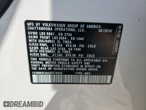 2018 Volkswagen Atlas SEL with VIN 1V2MR2CA4JC579242, listed as a Copart auction lot 56152485 with 97,362 mi miles and Salvage title. Bid and sale history available at DreamBid. Image 13.