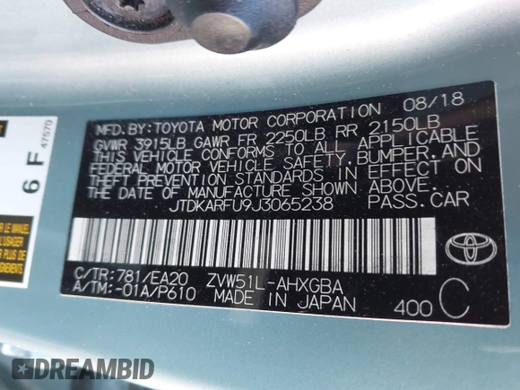 2018 Toyota Prius Two with VIN JTDKARFU9J3065238, listed as a IAAI auction lot 41676208 with 267,357 mi miles. Bid and sale history available at carsss.com. Image 9.