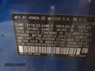 2015 Honda Fit EX-L with VIN 3HGGK5H8XFM762257, listed as a IAAI auction lot 42398067 with Not provided miles and . Bid and sale history available at DreamBid. Image 9.