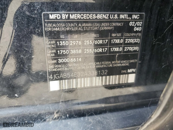 2002 Mercedes-Benz M-Class with VIN 4JGAB54E32A338132, listed as a Copart auction lot 67854164 with 0 mi miles and Salvage Title. Bid and sale history available at carsss.com. Image 13.