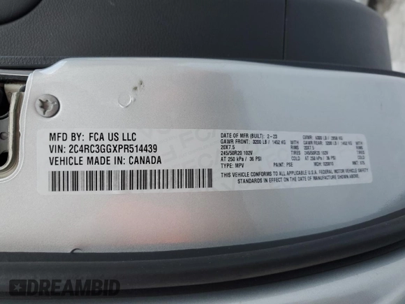2023 Chrysler Pacifica Limited with VIN 2C4RC3GGXPR514439, listed as a Copart auction lot 88054055 with 23,761 mi miles and Salvage title. Bid and sale history available at DreamBid. Image 14.