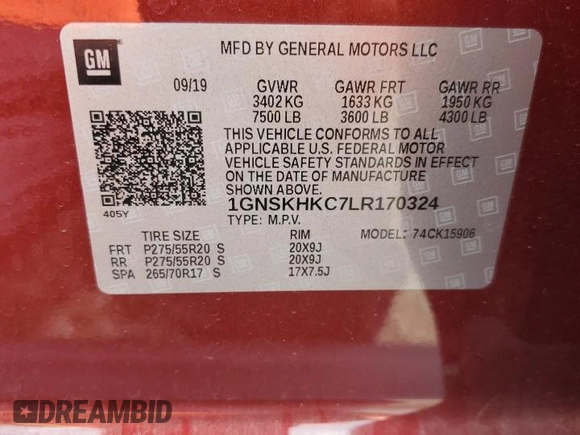 2020 Chevrolet Suburban LT z VIN 1GNSKHKC7LR170324, wystawiony jako Copart lot #55577325 z przebiegiem 82 602 mil mil oraz Nie do naprawy • Non repairable. Historia ofert i sprzedaży dostępna na DreamBid. Obrazek 14.