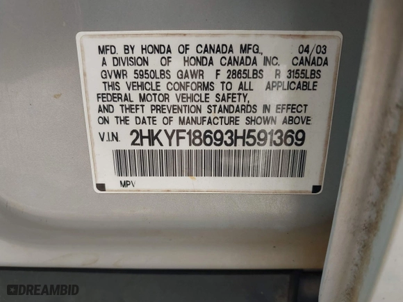 2003 Honda Pilot EX with VIN 2HKYF18693H591369, listed as a IAAI auction lot 41518617 with 325,658 mi miles. Bid and sale history available at carsss.com. Image 9.