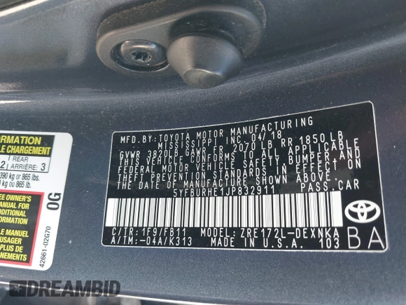 2018 Toyota Corolla L with VIN 5YFBURHE1JP832911, listed as a IAAI auction lot 42237901 with 92,158 mi miles and . Bid and sale history available at DreamBid. Image 9.