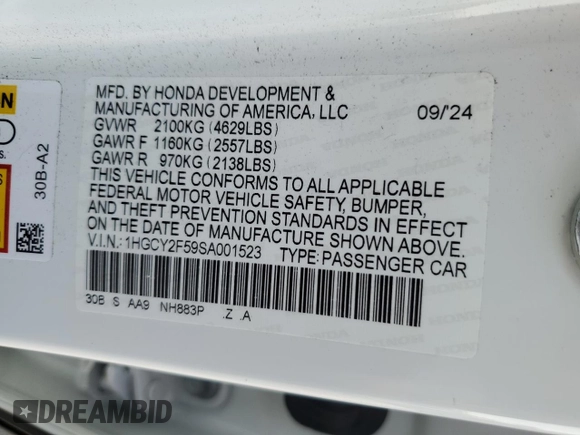 2025 Honda Accord Sport with VIN 1HGCY2F59SA001523, listed as a Copart auction lot 54888785 with 14,003 mi miles and Salvage title. Bid and sale history available at DreamBid. Image 13.