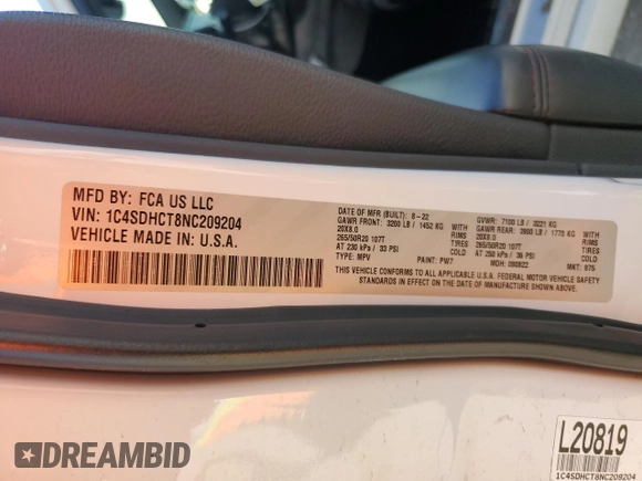 2022 Dodge Durango R/T with VIN 1C4SDHCT8NC209204, listed as a Copart auction lot 88258805 with 83,502 mi miles and Salvage title. Bid and sale history available at DreamBid. Image 15.