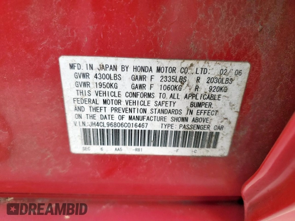 2006 Acura TSX with VIN JH4CL96806C016467, listed as a Copart auction lot 57245025 with 166,917 mi miles and Salvage title. Bid and sale history available at DreamBid. Image 12.