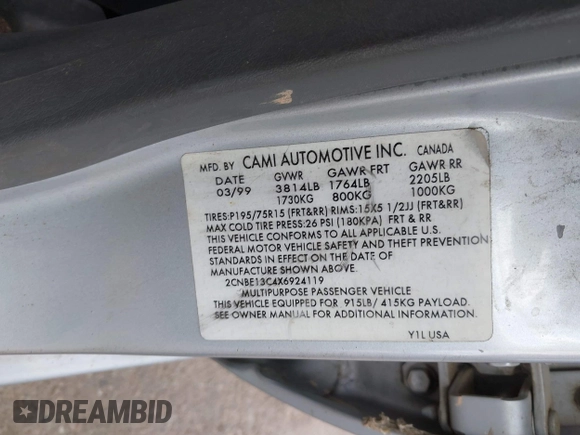 1999 Chevrolet Tracker with VIN 2CNBE13C4X6924119, listed as a IAAI auction lot 42491953 with 169,523 mi miles and . Bid and sale history available at DreamBid. Image 9.