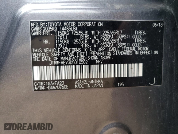 2013 Toyota RAV4 XLE with VIN JTMWFREV3D5010502, listed as a Copart auction lot 60568025 with 89,480 mi miles and Salvage title. Bid and sale history available at DreamBid. Image 13.