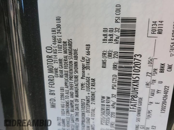 2022 Ford Mustang EcoBoost with VIN 1FATP8UHXN5102073, listed as a Copart auction lot 47872795 with 62,391 mi miles and Salvage title. Bid and sale history available at DreamBid. Image 14.