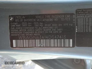 2004 BMW 7 Series 745Li with VIN WBAGN63414DS47413, listed as a Copart auction lot 62835195 with 118,457 mi miles and Clean title. Bid and sale history available at DreamBid. Image 12.