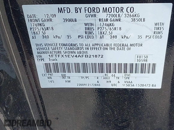 2010 Ford F-150 XL with VIN 1FTFX1EV4AFB21872, listed as a IAAI auction lot 42136120 with 111,124 mi miles. Bid and sale history available at carsss.com. Image 9.