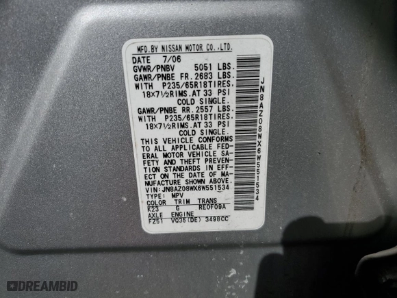 2006 Nissan Murano SL with VIN JN8AZ08WX6W551534, listed as a Copart auction lot 45936245 with 146,611 mi miles and Salvage Title. Bid and sale history available at carsss.com. Image 13.