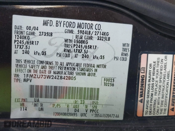 2004 Ford Explorer XLT z VIN 1FMZU73W24ZB42805, wystawiony jako IAAI lot #41441741 z przebiegiem 198 703 mil mil oraz . Historia ofert i sprzedaży dostępna na DreamBid. Obrazek 9.