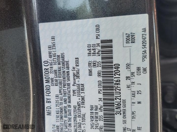 2015 Lincoln MKZ Hybrid with VIN 3LN6L2LU2FR612040, listed as a Copart auction lot 48547645 with 56,486 mi miles and Salvage Title. Bid and sale history available at carsss.com. Image 12.
