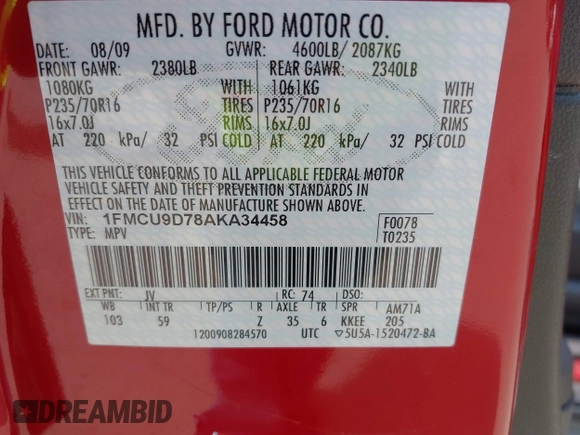 2010 Ford Escape XLT z VIN 1FMCU9D78AKA34458, wystawiony jako IAAI lot #42481104 z przebiegiem 134 755 mil mil oraz . Historia ofert i sprzedaży dostępna na DreamBid. Obrazek 9.