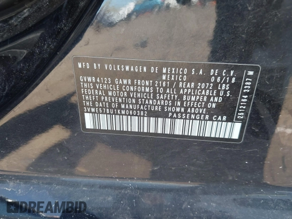 2019 Volkswagen Jetta SEL z VIN 3VWE57BU1KM060382, wystawiony jako IAAI lot #42048630 z przebiegiem 68 089 mil mil oraz . Historia ofert i sprzedaży dostępna na DreamBid. Obrazek 9.