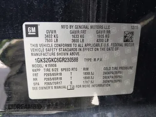 2016 GMC Yukon XL SLT with VIN 1GKS2GKC6GR230588, listed as a IAAI auction lot 41965552 with Not Provided miles and . Bid and sale history available at DreamBid. Image 9.