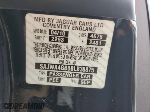 2011 Jaguar XK with VIN SAJWA4GB0BLB38875, listed as a Copart auction lot 52045805 with 35,487 mi miles and Salvage Title. Bid and sale history available at carsss.com. Image 12.