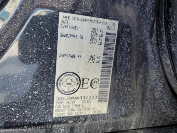 2016 Nissan Altima S with VIN 1N4AL3APXGN337223, listed as a Copart auction lot 45893955 with 194,755 mi miles and Salvage Title. Bid and sale history available at DreamBid. Image 12.